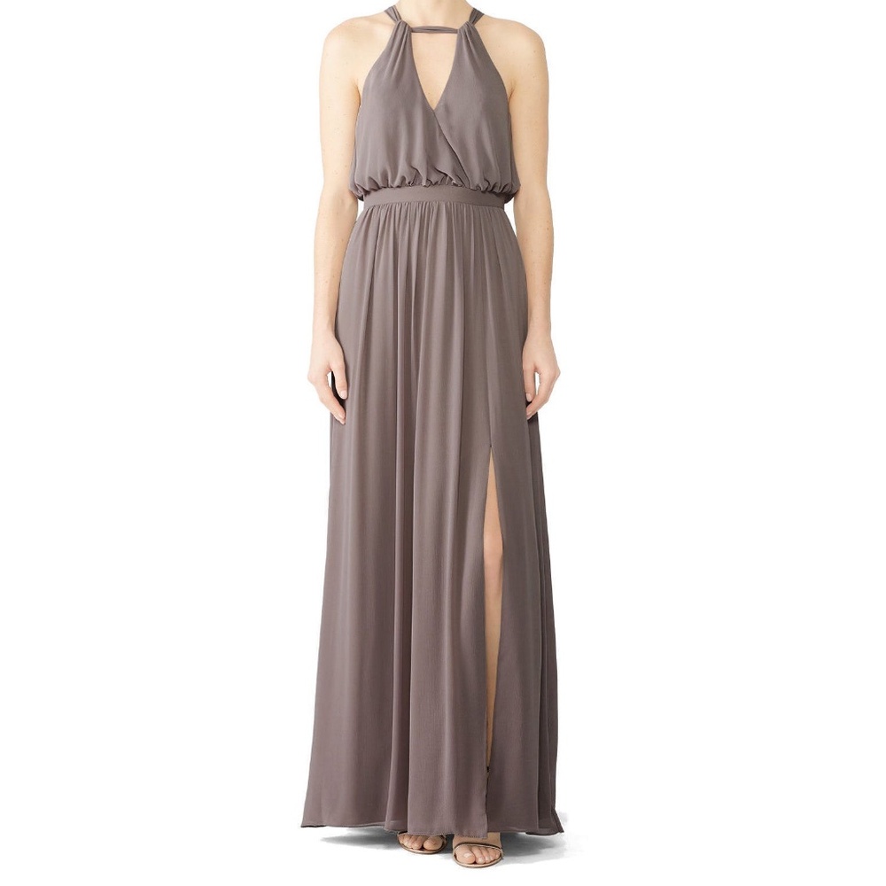 Watters Fleurette Chiffon Bridesmaid Gown Taupe Gray Halter Formal Dress Size 14